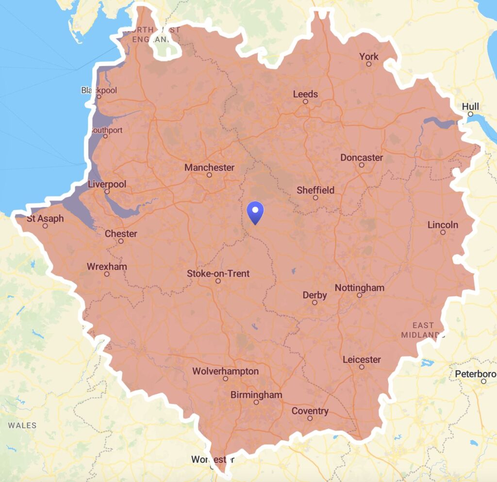 A map showing the areas covered by signature stone worktops. The map includes the North West and Midlands of the UK, including Buxton manchester Liverpool Stoke-on-Trent Wolverhampton Nottingham Sheffield Doncaster Leeds and Birmingham